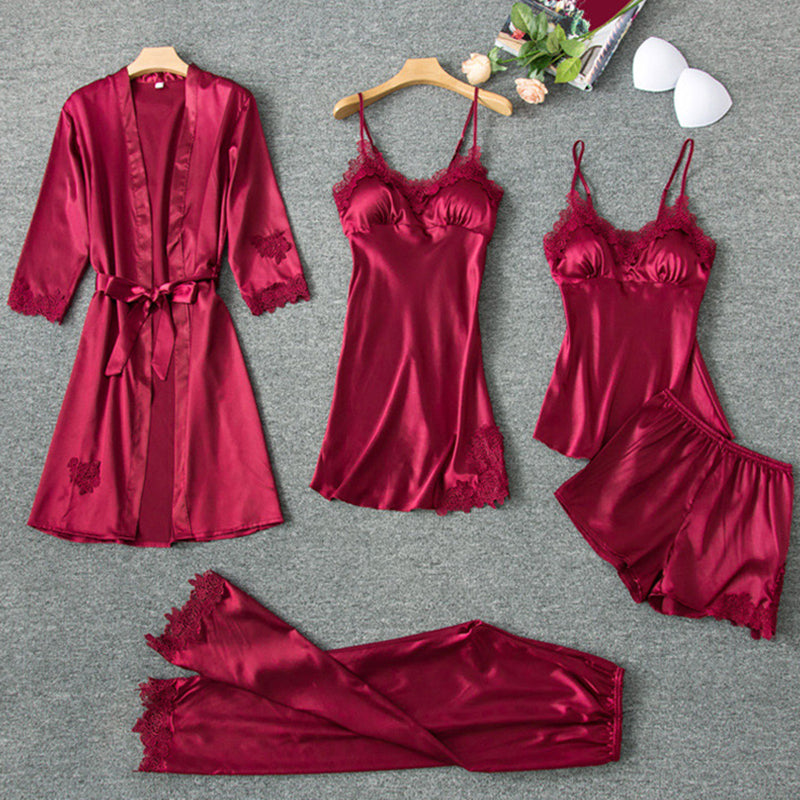 Women Red Silk Satin Cami Top Robe Sleepwear Nightdress with Chest Pads 5-Piece Sets