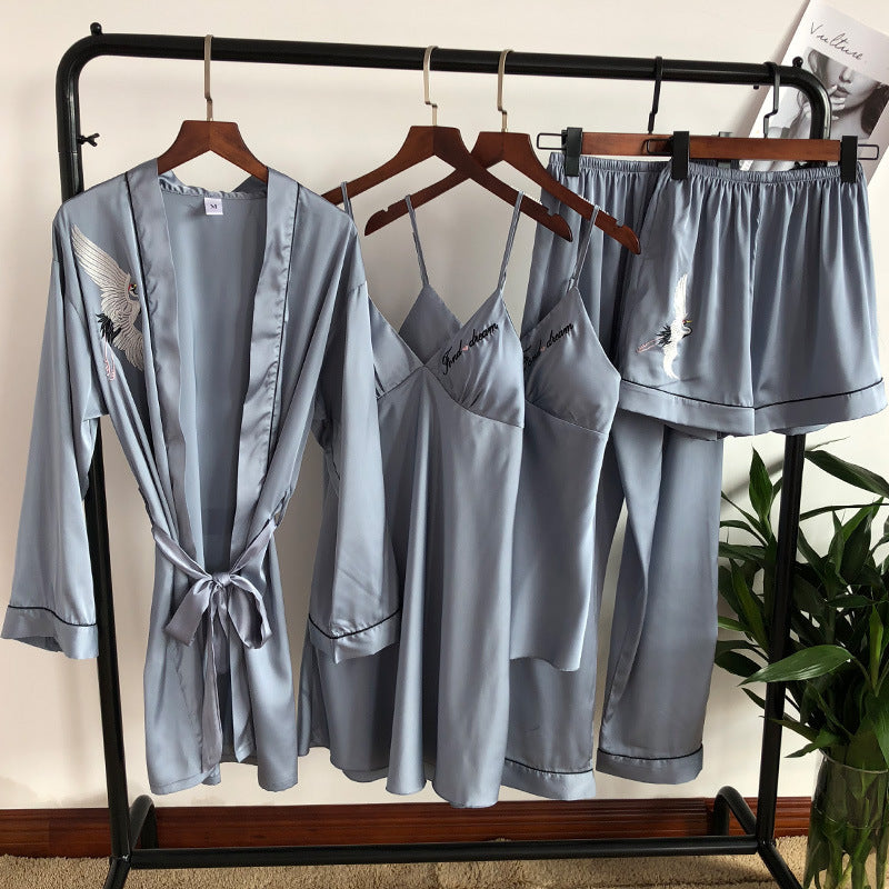 Women Crane Embroidered Print 5-Piece Pajamas Set 921