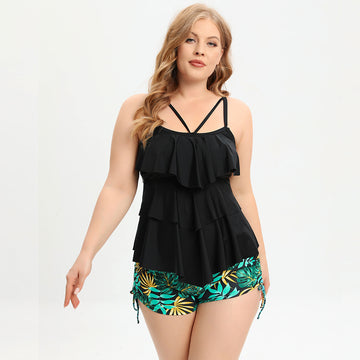 Black Hanky Hem Ruched High Waisted Tankini Swimsuit