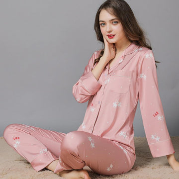 Women's Pink Print Long Satin Pajamas Set