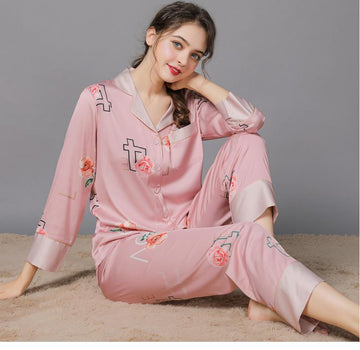 Floral Print  Women's Satin Long Sleeve Pajamas Set