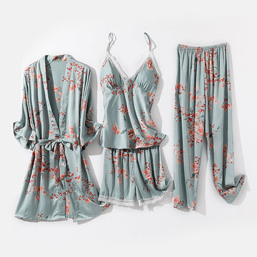 Women Sexy Sky Blue Floral Print Thin pajamas with Chest Pads 4-Piece Sets 0239