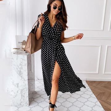 Polka Dot Short Sleeve V-Neck Split Maxi Dress