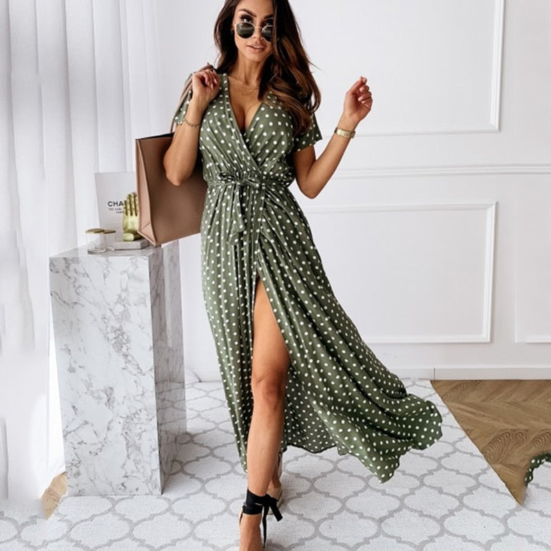 Polka Dot Short Sleeve V-Neck Split Maxi Dress