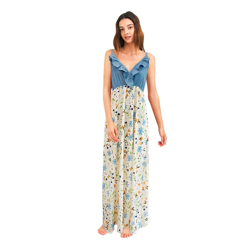 Denim Stitching Floral Print Maxi Dresses