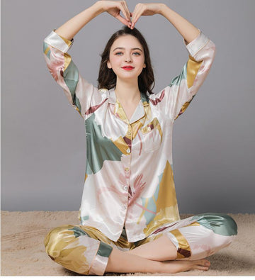 Women's Floral Long Satin Pajamas Set