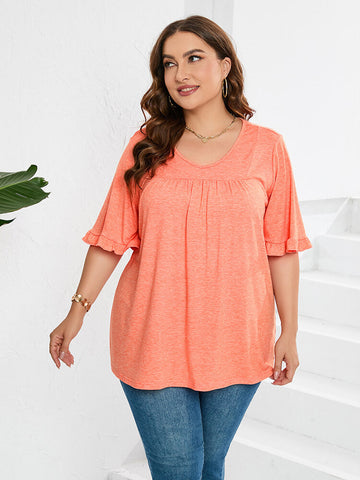 Plus Orange V-Neck Ruffle Sleeve Frill Trim Tee