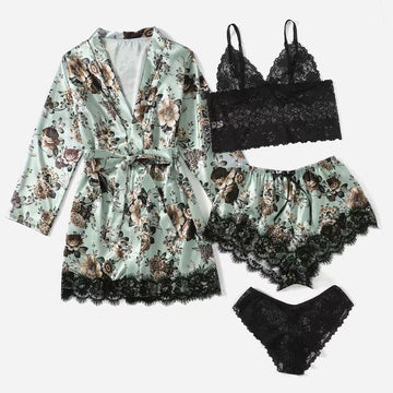 Floral Printed Light Blue Lace Bathrobe Four-Piece Lingerie Set