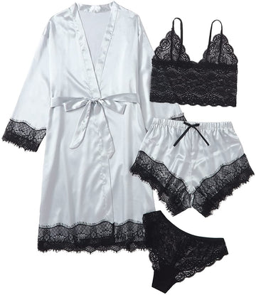 Women Grey Satin Pajamas Lace Exotic Lingerie 4-Piece Set