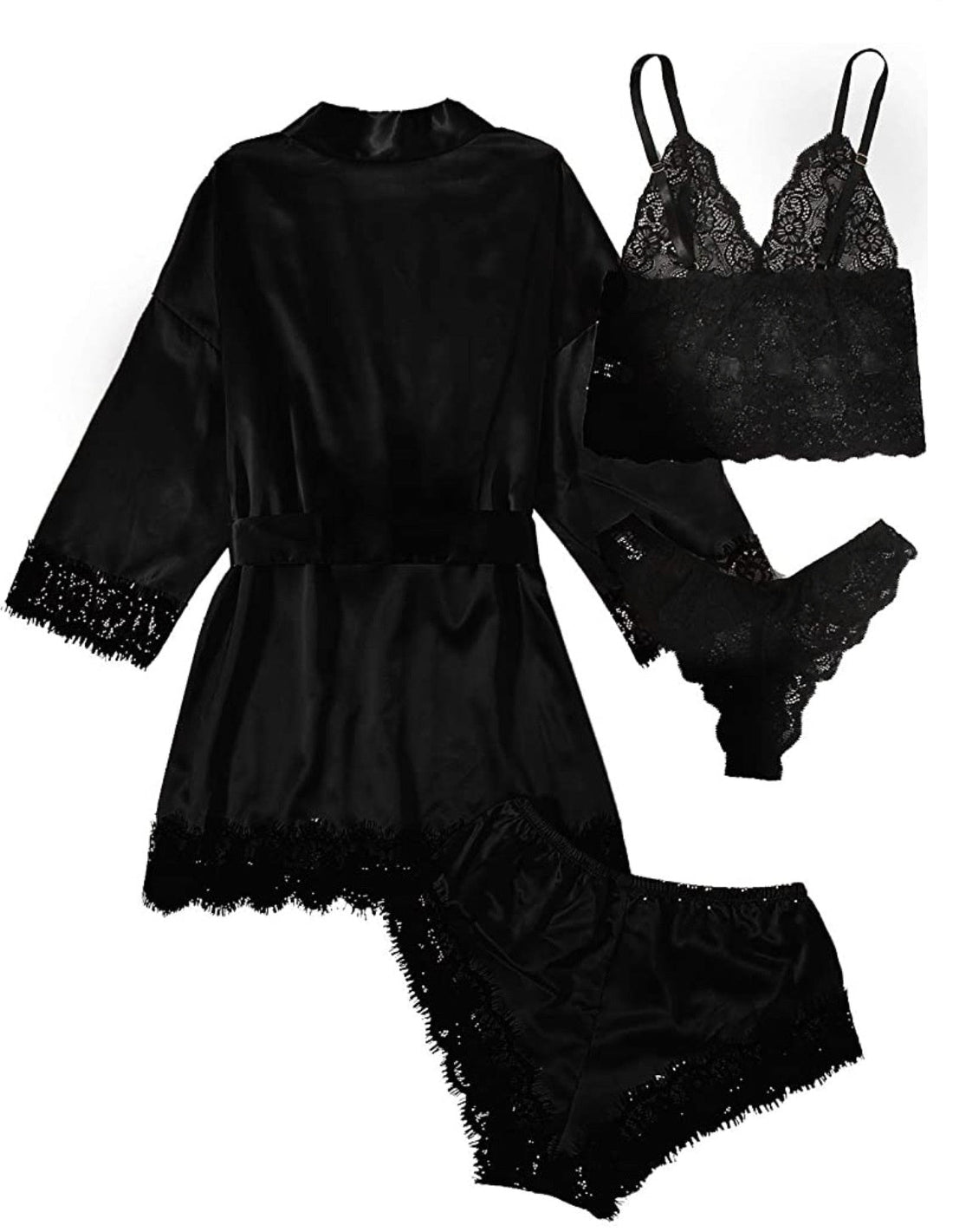 Women Black Satin Sling Pajamas Lace Exotic Lingerie 4-Piece Set