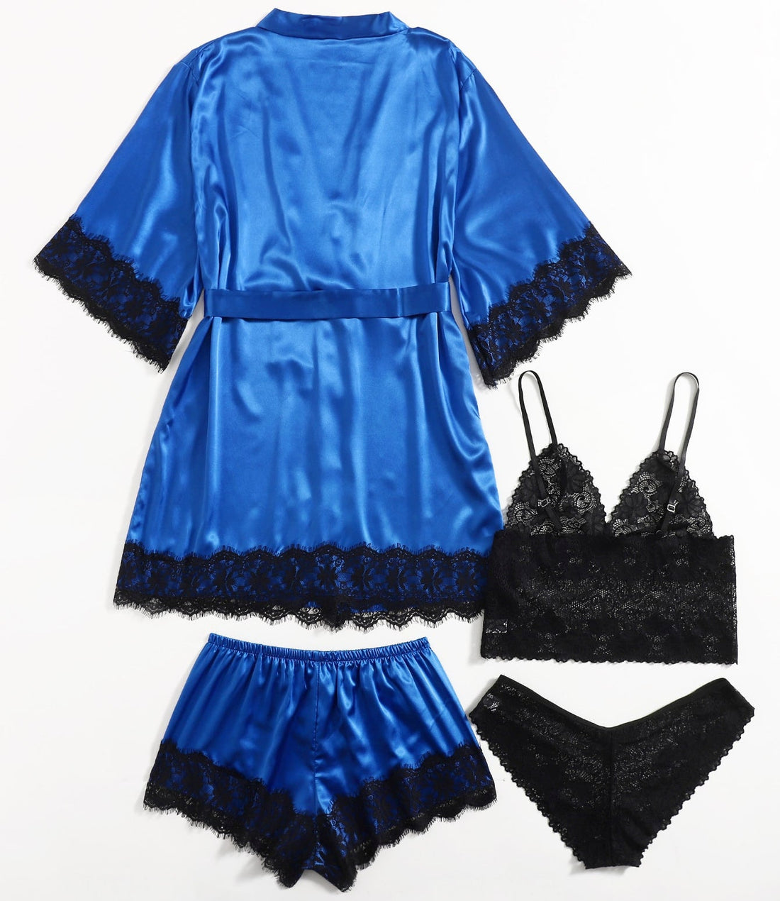 Women Blue Satin Pajamas Lace Exotic Lingerie 4-Piece Set