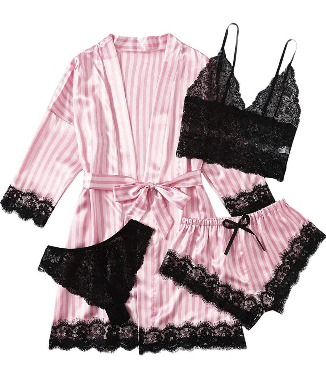 Women Striped Pink and Black Satin Sling Pajamas Lace Exotic Lingerie 4-Piece Set