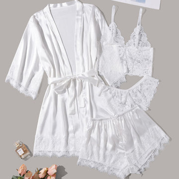 Women White Satin Pajamas Lace Exotic Lingerie 4-Piece Set