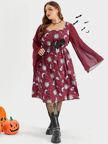 Halloween Print Flare Sleeve Elastic Waist Midi Dress