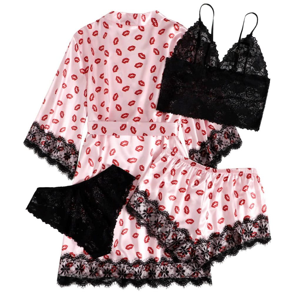 Lip Printed Pink Lace Bathrobe Four-Piece Lingerie Set