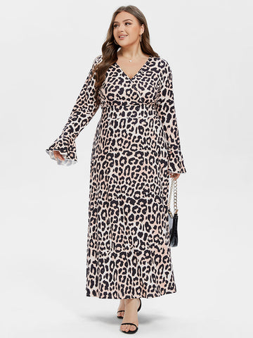 Leopard Print V-Neck Flounce Sleeve Maxi Dress