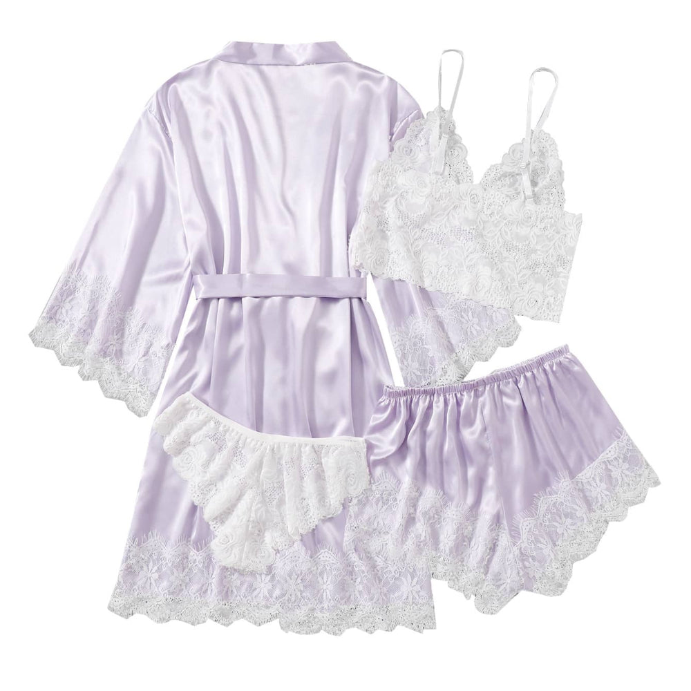 Women Light Purple Satin Pajamas Lace Exotic Lingerie 4-Piece Set