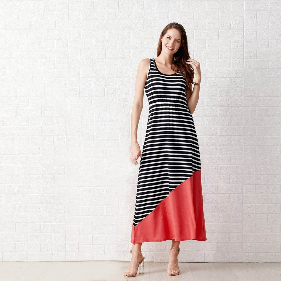 Stylish Striped Color-blocking Sleeveless Maxi Dress in Black