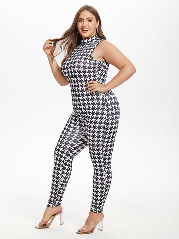 Houndstooth Print Mock Neck Unitard Jumpsuit