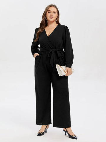 V-Neck Lantern Sleeve Belted Jumpsuit