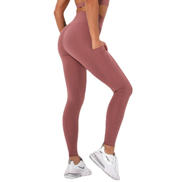 Women Solid Color Abdominal High Waist Threaded Ninth Yoga Pants with Pockets KZ-2319