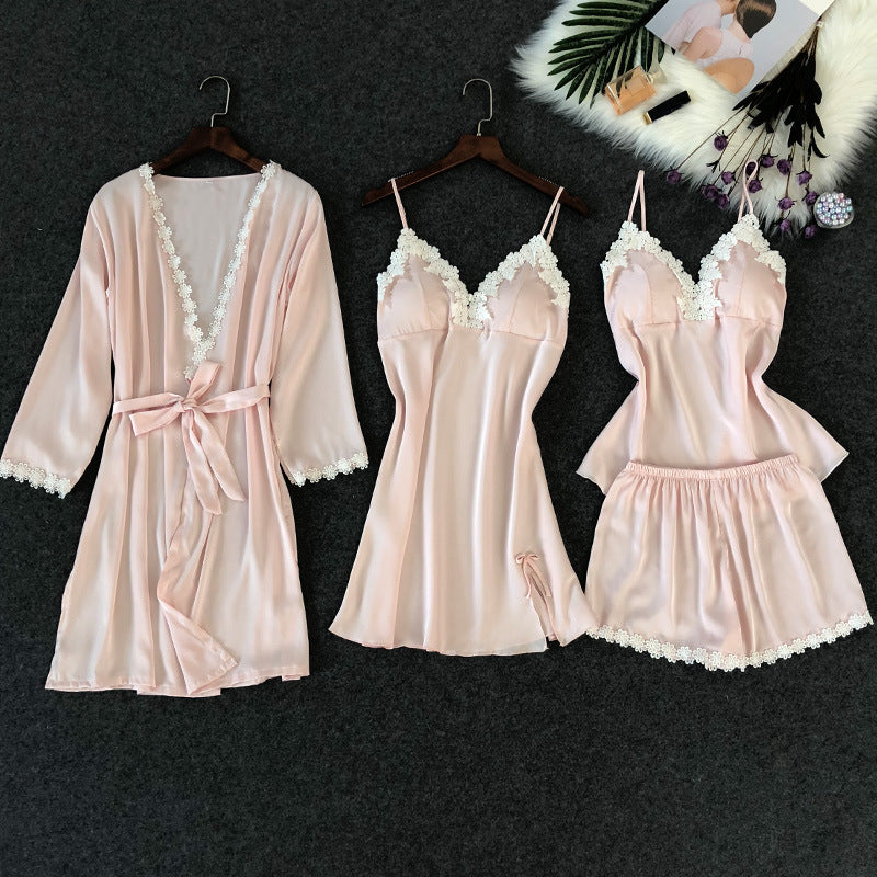 Women Robe Dress 4-Piece Satin Pajamas Set with Chest Pads 99