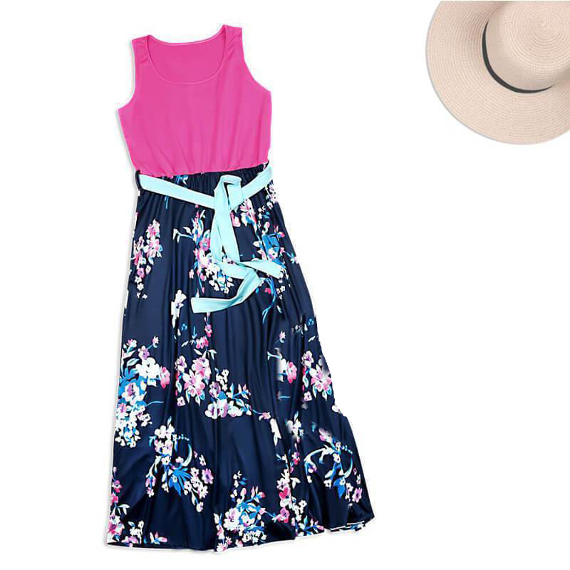 Patchwork Floral Belt Long Dress for Women