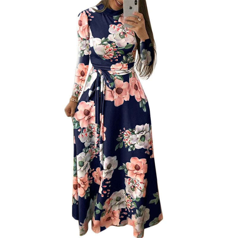 Elegant Flower Print Long Sleeve Maxi Dress