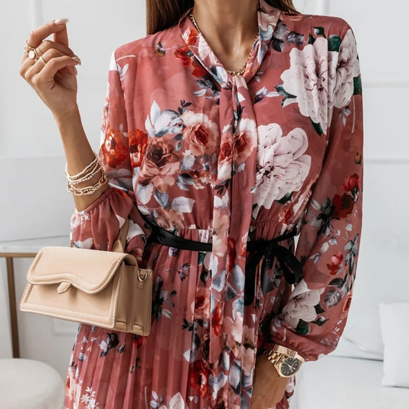 Sling Floral Print Party Dress Sexy Slim V Neck Lace-Up Belt Maxi Dress