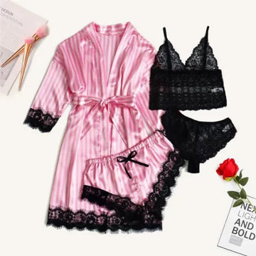 Women Striped Pink and Black Satin Sling Pajamas Lace Exotic Lingerie 4-Piece Set