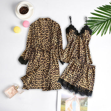 Women Leopard Print Lace Pajamas Three-Piece Loungewear Set 145