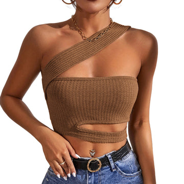 Women Sexy Cutout Slanted Shoulder Knitted Crop Top CVCB2650