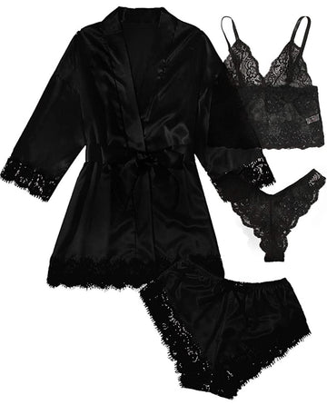 Women Black Satin Sling Pajamas Lace Exotic Lingerie 4-Piece Set