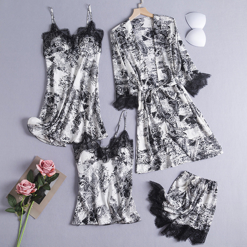 Women Black Ink Print Silk Pajamas with Chest Pads Trousers Nightgown 5-Piece Set