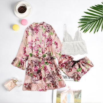 Women Ruffled Floral Print Pink Long Sleeve Pajamas Three-piece Set A209