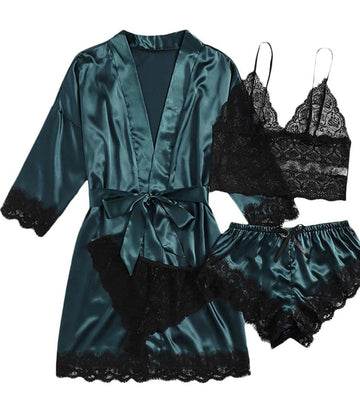 Women Dark Green Satin Sling Pajamas Lace Exotic Lingerie 4-Piece Set