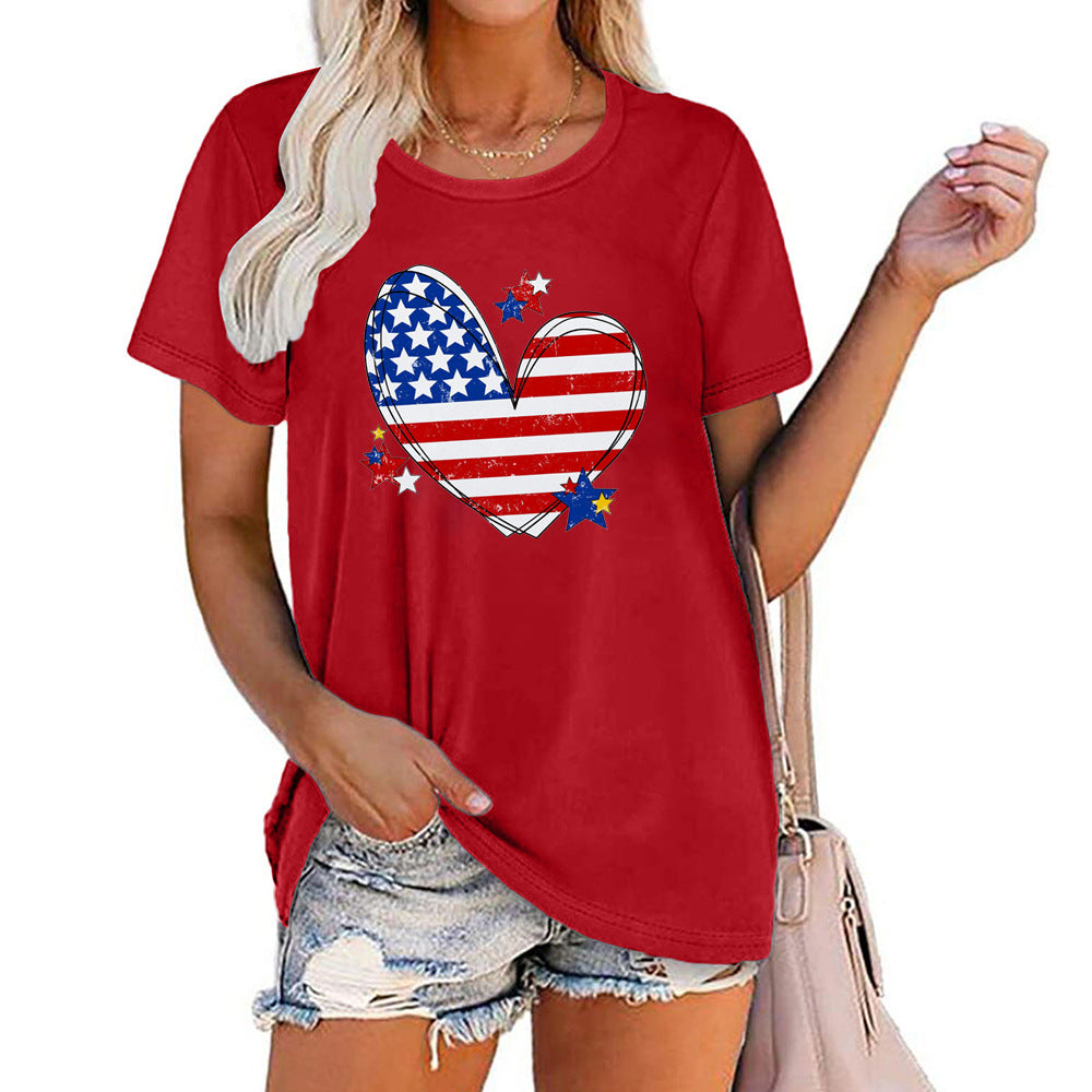 Women 4th of July Love Flag Print Round Neck Short Sleeve T-Shirt L8313-A33