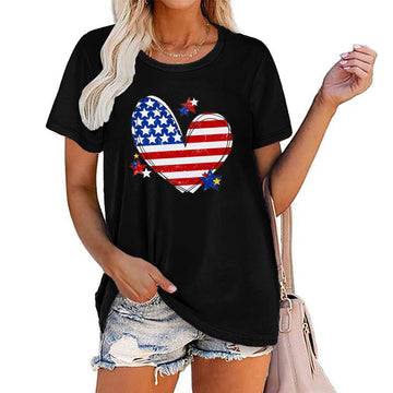 Women 4th of July Love Flag Print Round Neck Short Sleeve T-Shirt L8313-A33