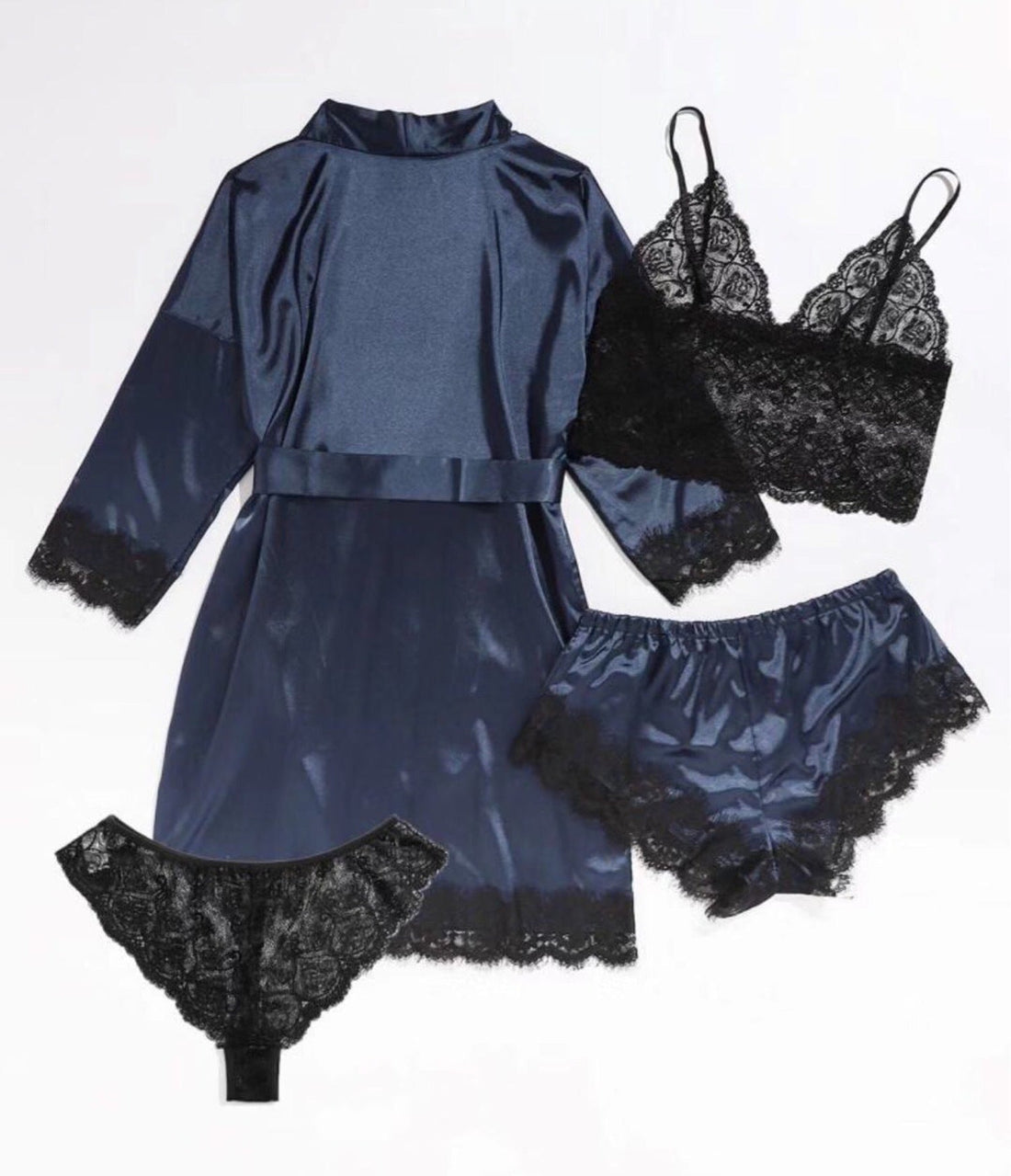 Women Navy Satin Sling Pajamas Lace Exotic Lingerie 4-Piece Set