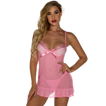 Pink Low-Cut V-Neck Lace Stitching Nightclub Suspender Lingerie Set 4022