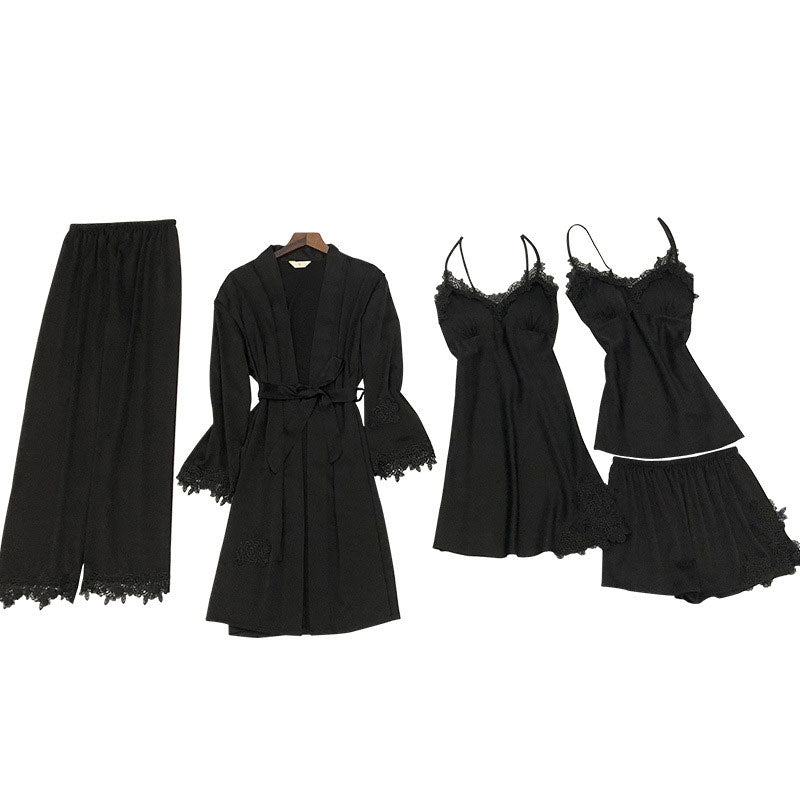 Women Black Silk Satin Cami Top Robe Sleepwear Nightdress with Chest Pads 5-Piece Sets