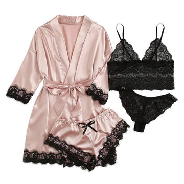 Ladies Pink Satin Sling Pajamas Robe Lace Exotic Lingerie 4-Piece Set AL-641765901564