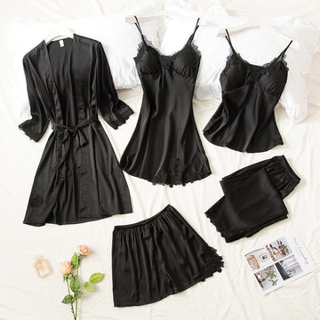 Women Black Silk Satin Cami Top Robe Sleepwear Nightdress with Chest Pads 5-Piece Sets