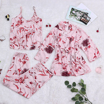 Women Pink Floral Printed Cotton Pajamas Exotic Lingerie 3-Piece Set A313