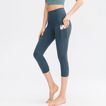 Women Solid Color Hip Lifting Fitness Running Yoga Cropped Pants With Pockets 02338