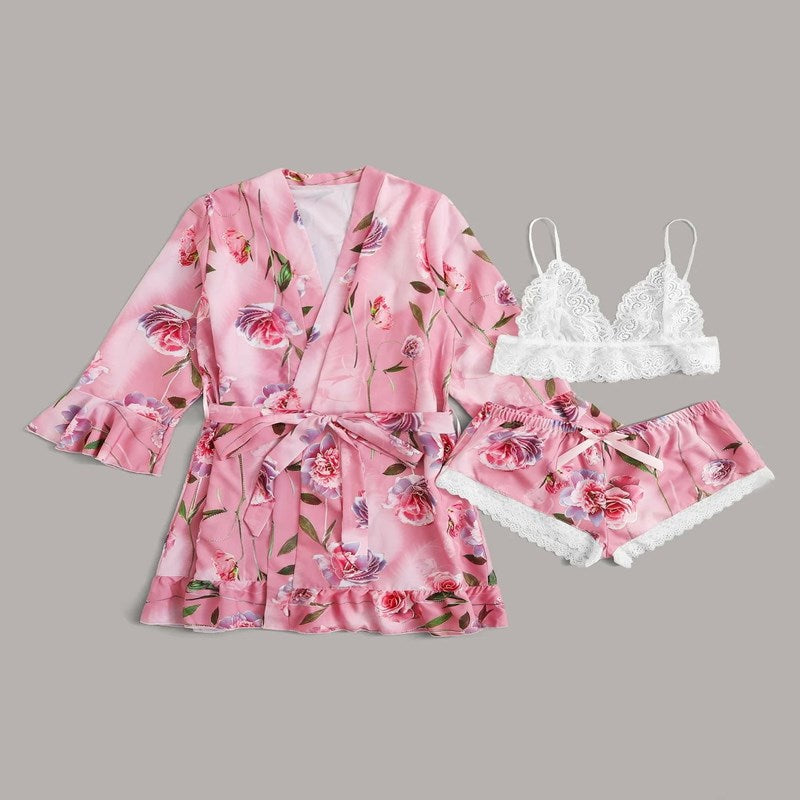 Women Ruffled Pink Long Sleeve Pajamas Three-piece Set A300