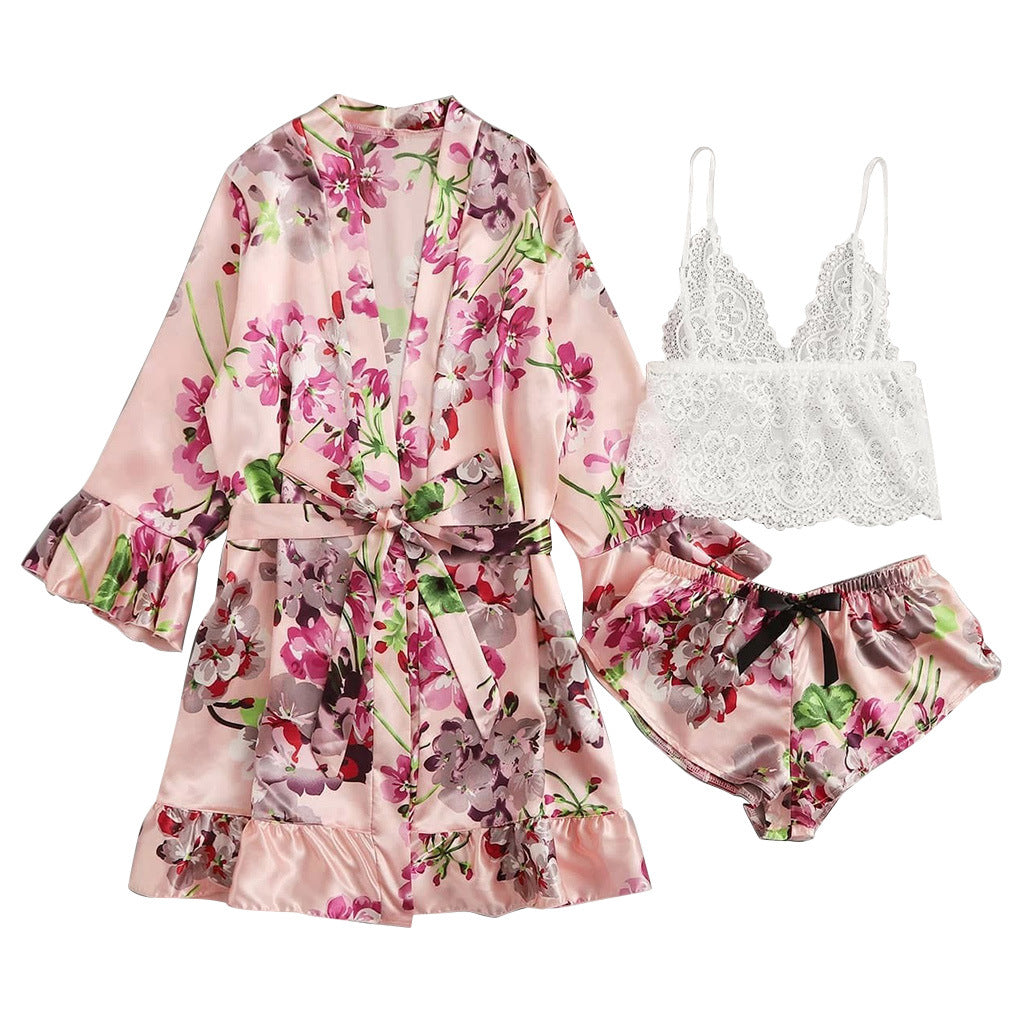 Women Ruffled Floral Print Pink Long Sleeve Pajamas Three-piece Set A209