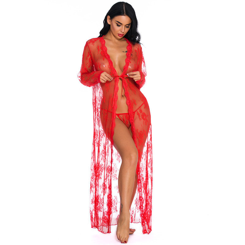 Women See Through Dress Lace Long Lingerie Robe 3637