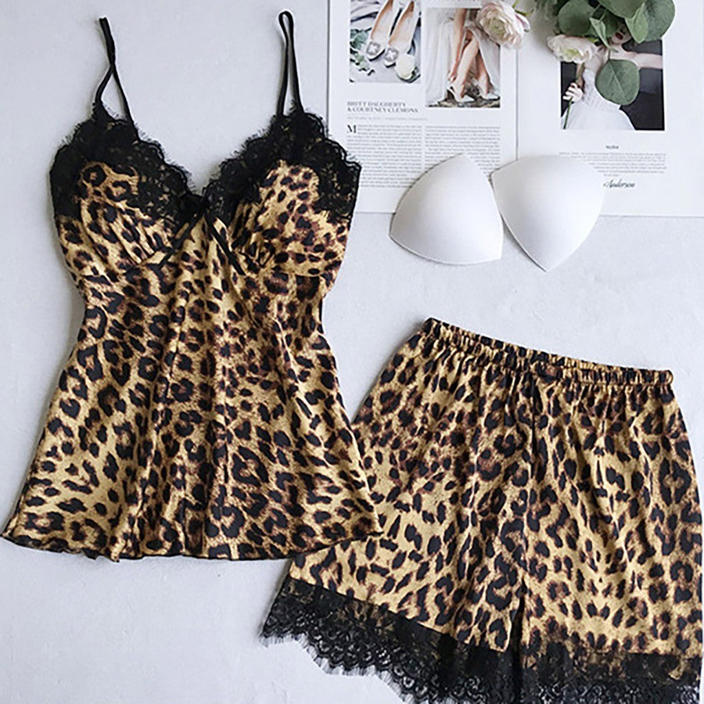 Women Leopard Print Lace Pajamas Three-Piece Loungewear Set 145