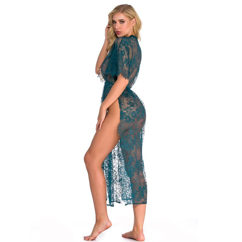 Women V-Neck See Through Slit Lace Long Nightgown Sexy Lingerie 3587